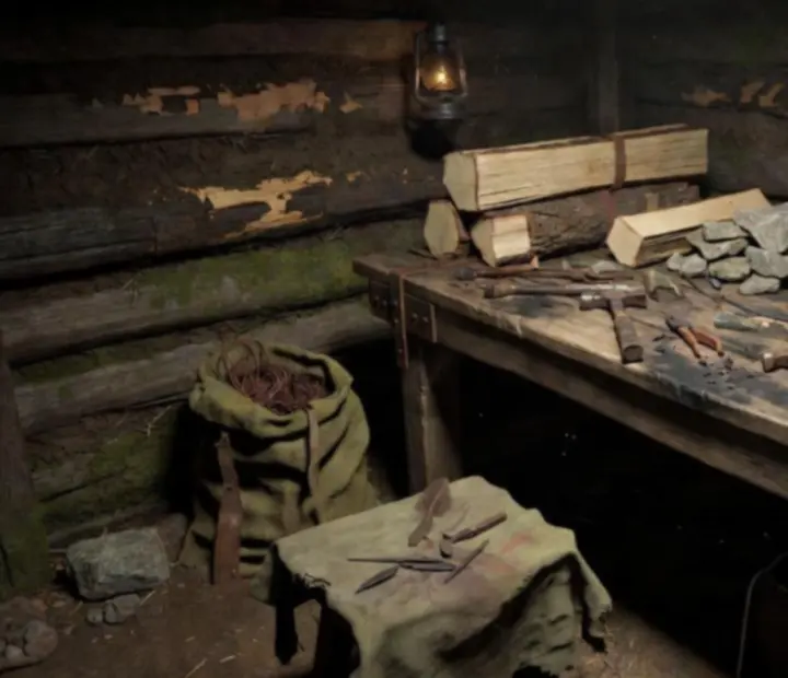 Rugdos, fából és fémből összerakott barkácsasztal az Oxide: Survival Island hangulatában