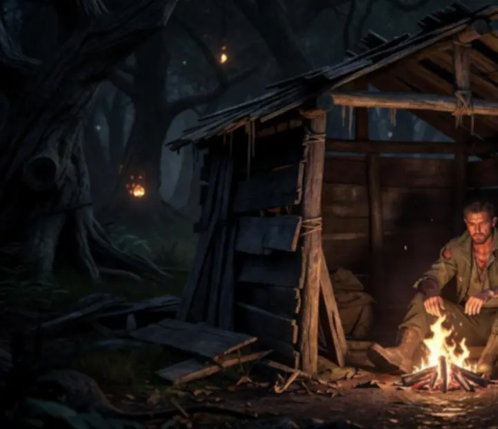 Oxide: Survival Island stílusú éjszakai tábor tábortűzzel, amely körül túlélők keresnek menedéket a sötétben.