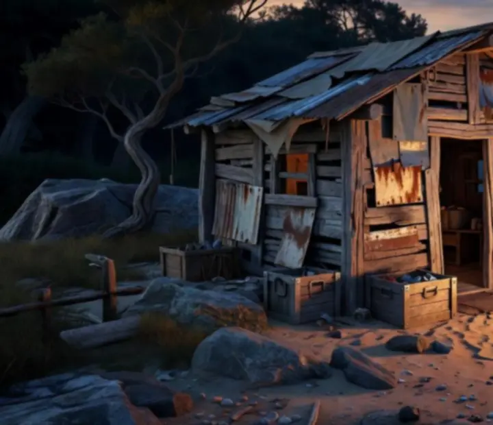 Oxide: Survival Island ihlette túlélő bázis külső nézete sötét, erdei környezetben