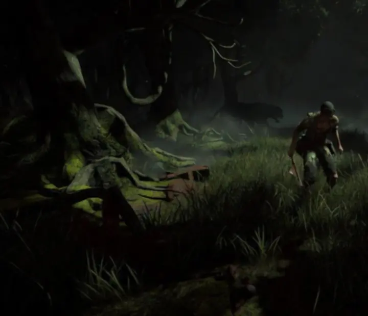 Sötét erdő Oxide: Survival Island stílusban, amely rejtett vadállatokat és láthatatlan fenyegetéseket sejtet.