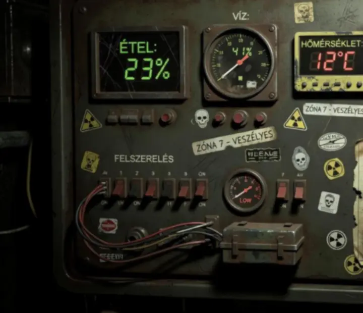 Stilizált Oxide: Survival Island állapotpanel, amely az étel, víz, hőmérséklet, életerő és felszerelés szintjeit mutatja.
